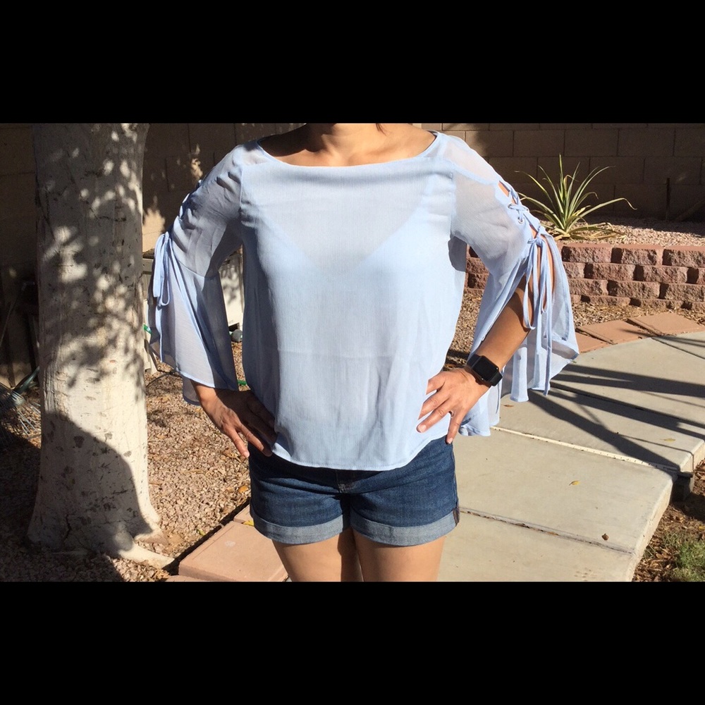 Topshop Blue Sheer Top With Draw String Sleeve Si… - image 8